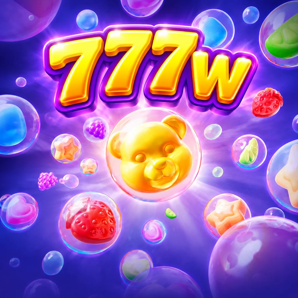 Permen jeli beruang kuning dalam gelembung dengan logo 777w dari permainan Fruity Candy
