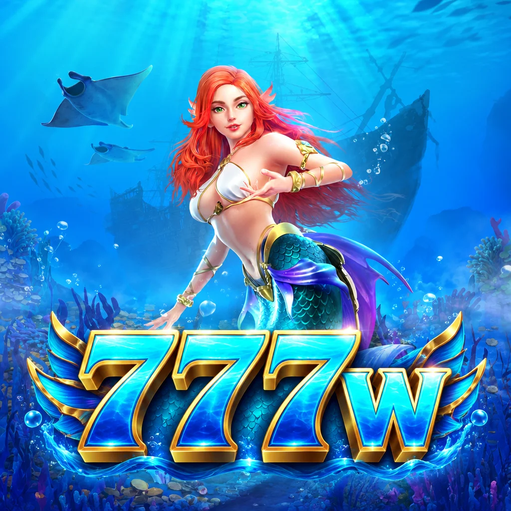 Putri duyung berambut merah di bawah laut dengan logo 777w dari permainan Mermaid Riches